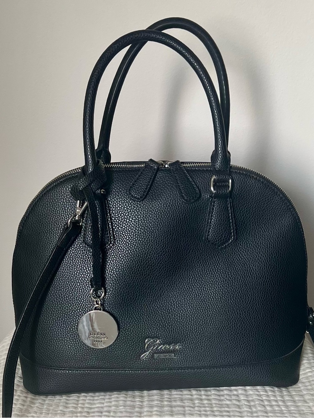 GUESS Black Pebbled Dome Satchel with Silver Charm